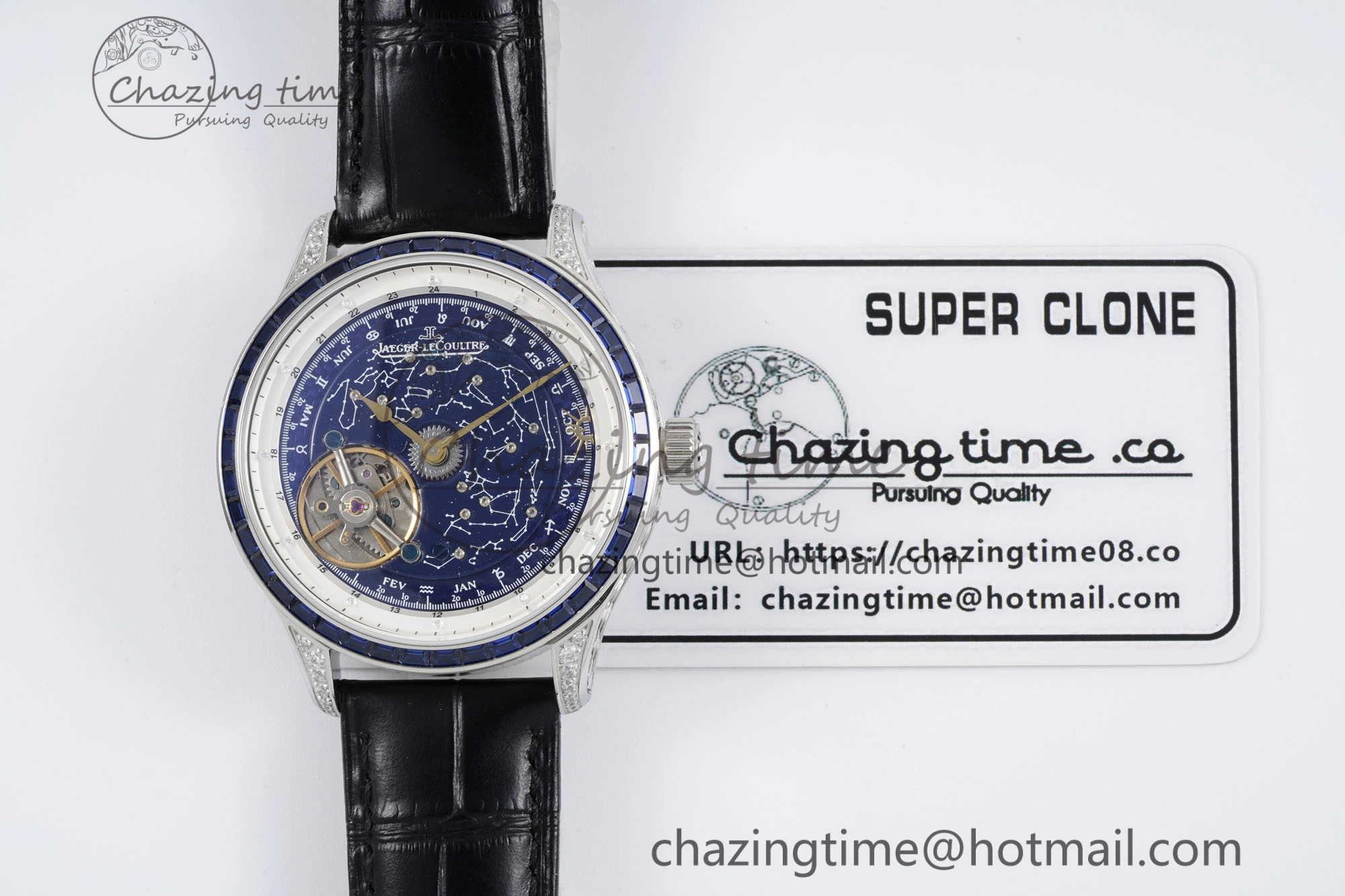 SportInspired Master Grande Tradition SS Blue Revolves Dial Blue Diamonds Bezel on Black Leather Strap 7425