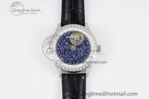 Colorful Master Grande Tradition SS Blue Revolves Dial Diamonds Bezel on Black Leather Strap 7423
