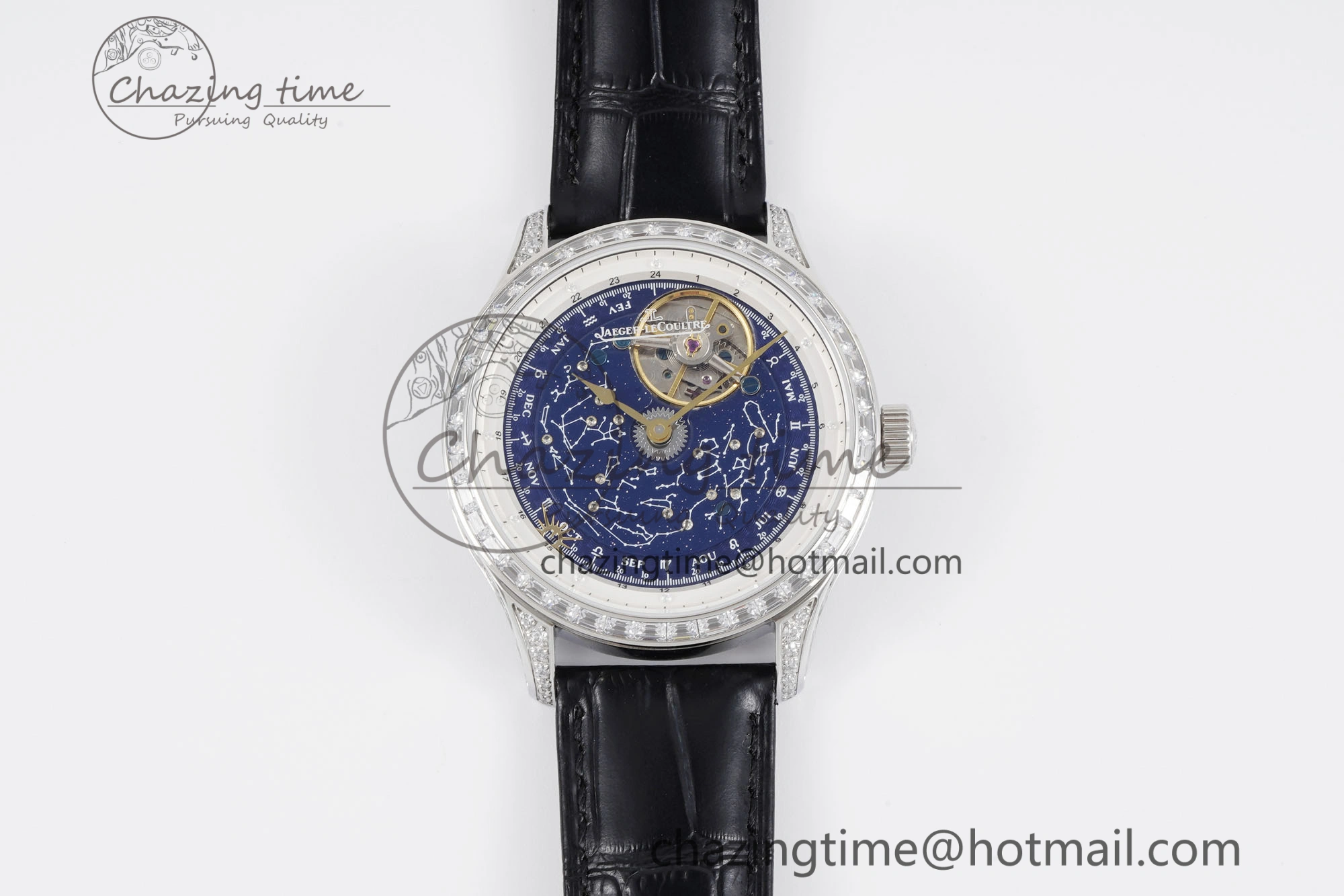 Colorful Master Grande Tradition SS Blue Revolves Dial Diamonds Bezel on Black Leather Strap 7423