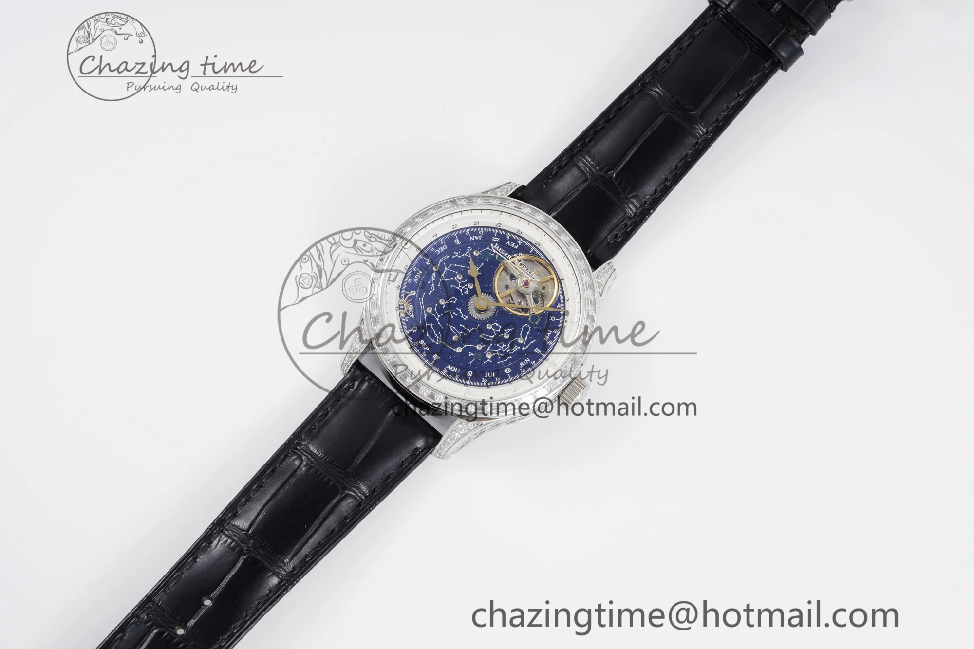 Colorful Master Grande Tradition SS Blue Revolves Dial Diamonds Bezel on Black Leather Strap 7423