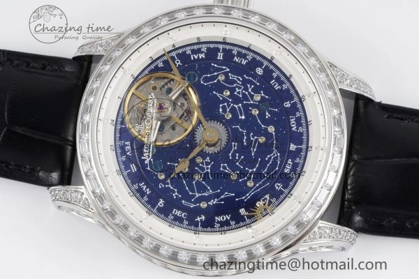 Colorful Master Grande Tradition SS Blue Revolves Dial Diamonds Bezel on Black Leather Strap 7423