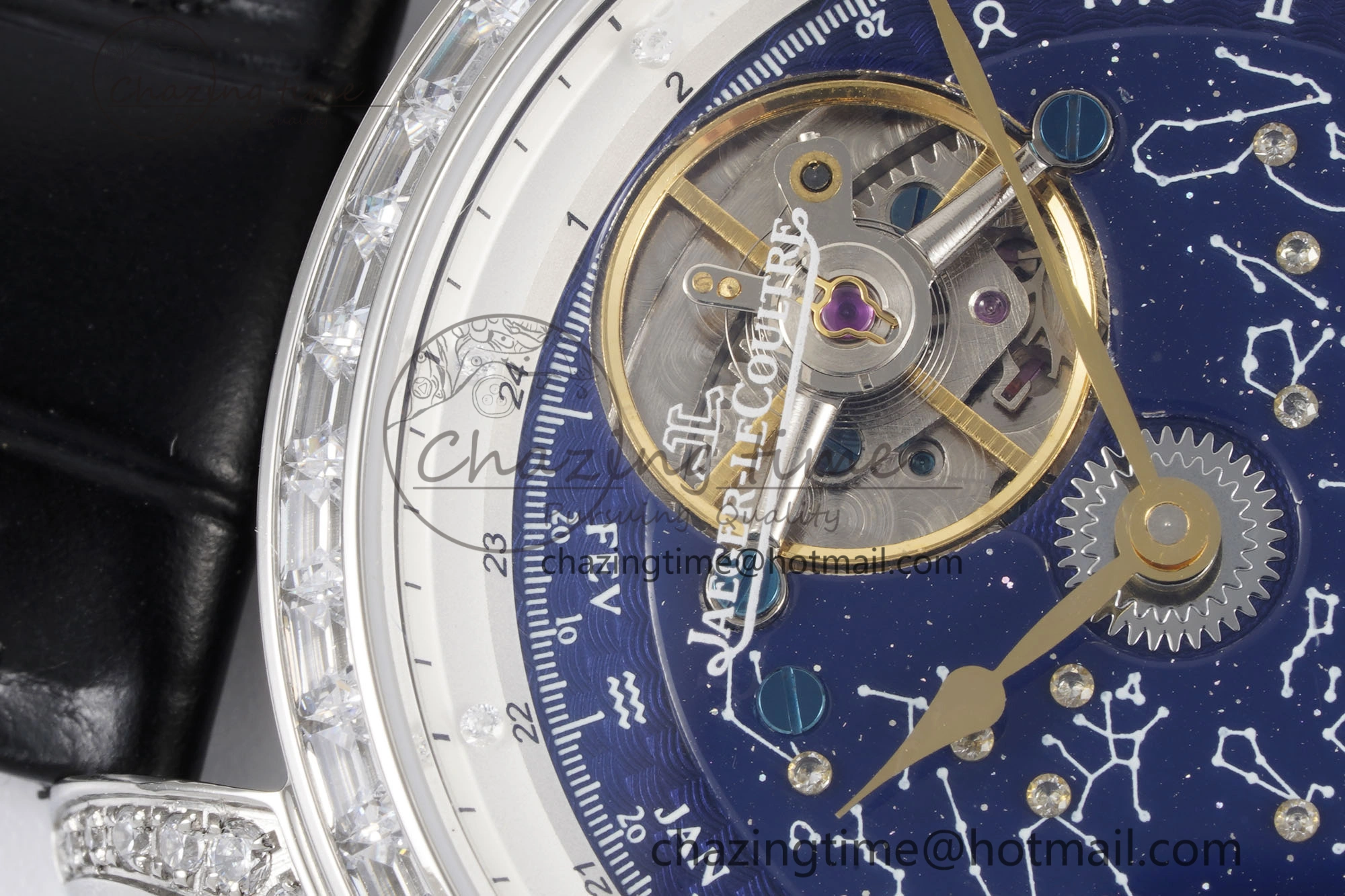 Colorful Master Grande Tradition SS Blue Revolves Dial Diamonds Bezel on Black Leather Strap 7423