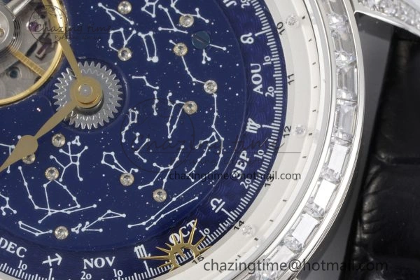 Colorful Master Grande Tradition SS Blue Revolves Dial Diamonds Bezel on Black Leather Strap 7423