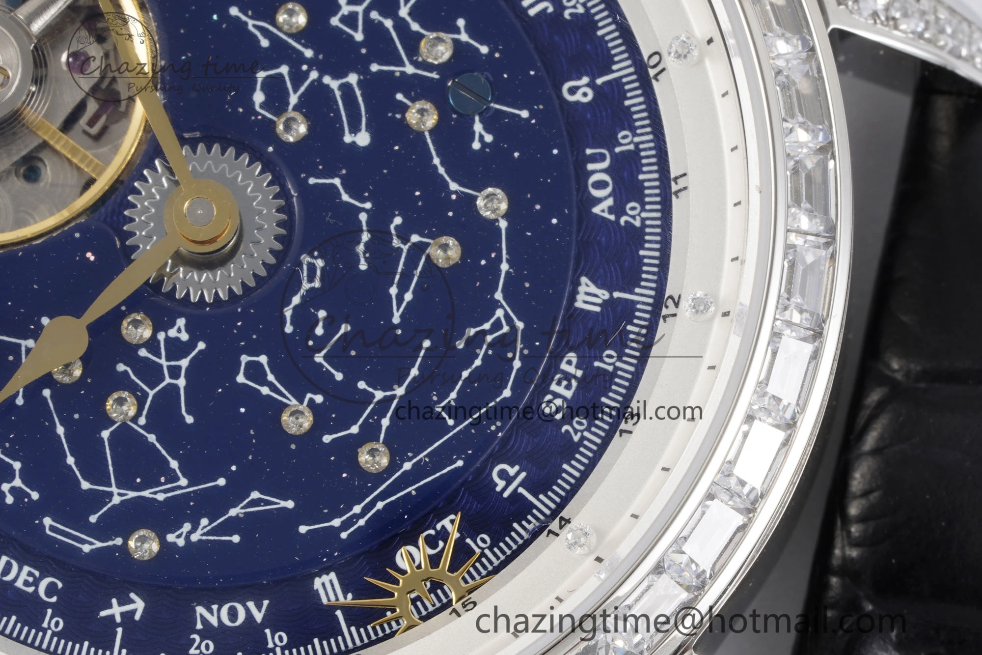 Colorful Master Grande Tradition SS Blue Revolves Dial Diamonds Bezel on Black Leather Strap 7423