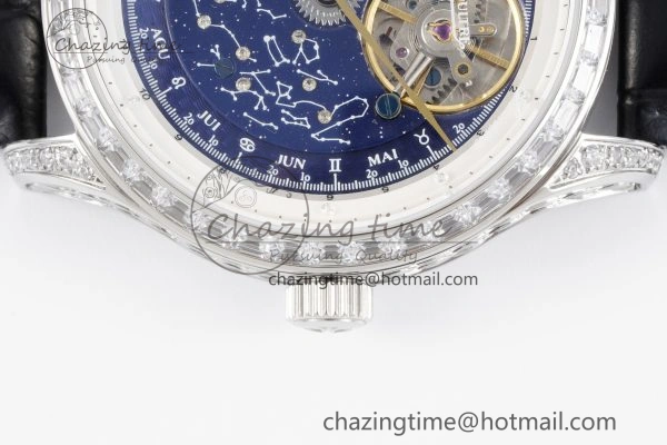 Colorful Master Grande Tradition SS Blue Revolves Dial Diamonds Bezel on Black Leather Strap 7423