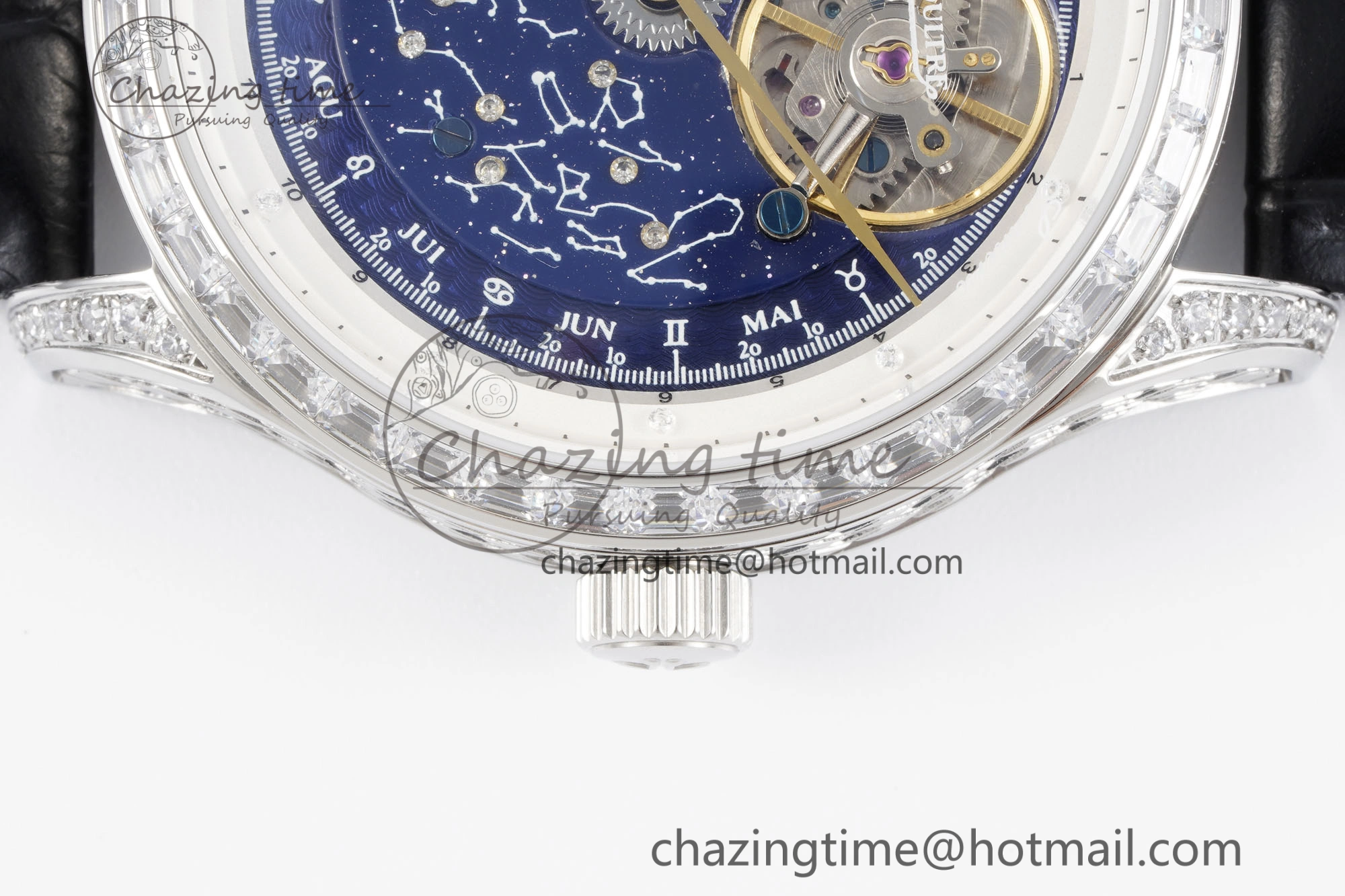 Colorful Master Grande Tradition SS Blue Revolves Dial Diamonds Bezel on Black Leather Strap 7423