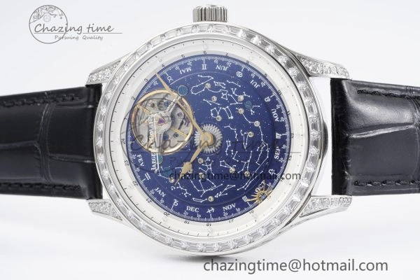Colorful Master Grande Tradition SS Blue Revolves Dial Diamonds Bezel on Black Leather Strap 7423
