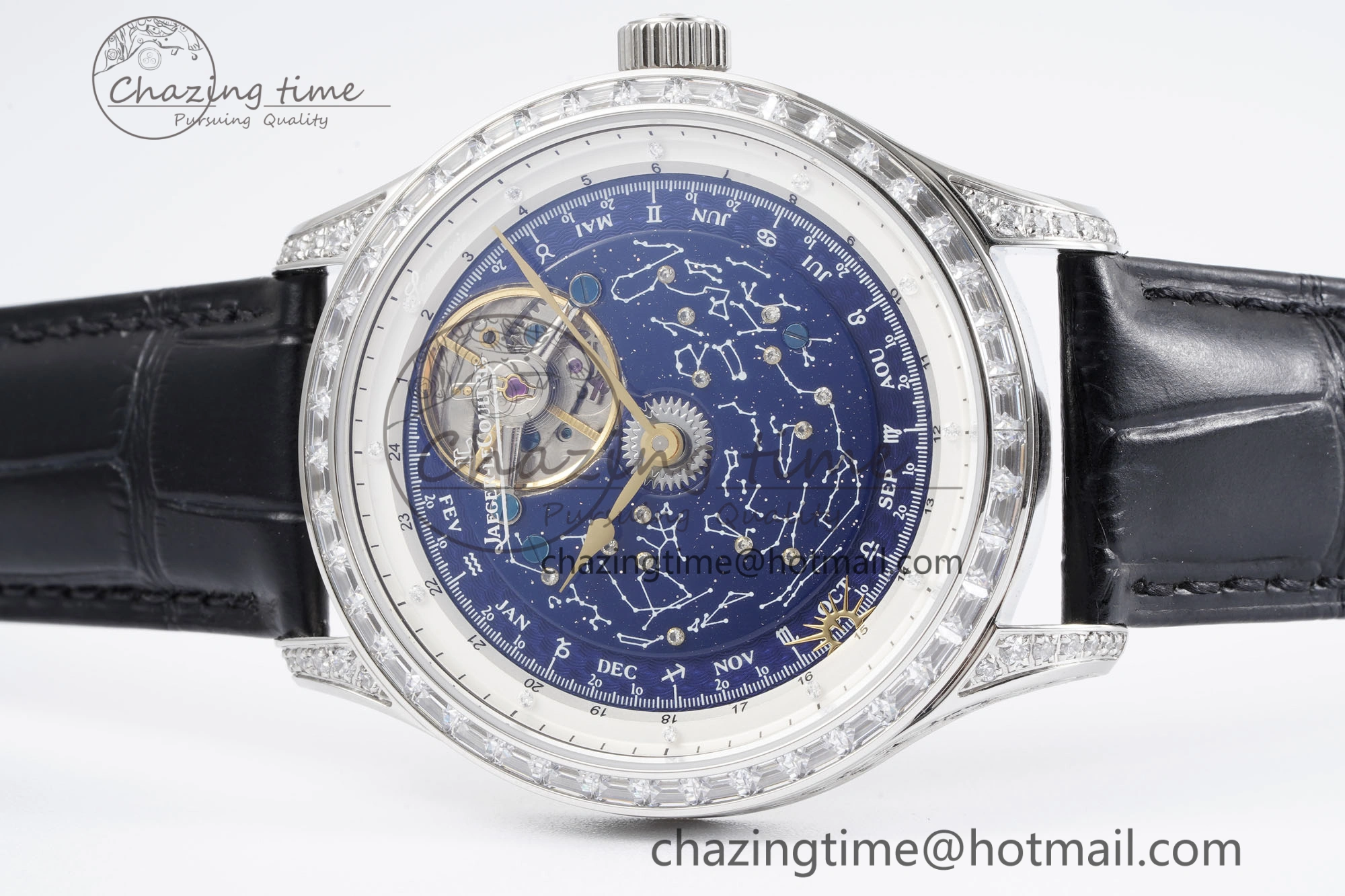 Colorful Master Grande Tradition SS Blue Revolves Dial Diamonds Bezel on Black Leather Strap 7423