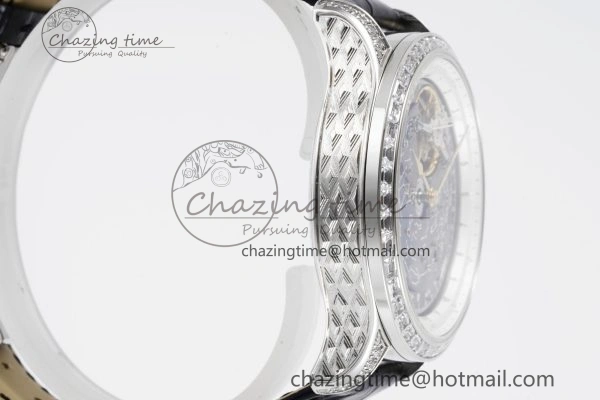 Colorful Master Grande Tradition SS Blue Revolves Dial Diamonds Bezel on Black Leather Strap 7423