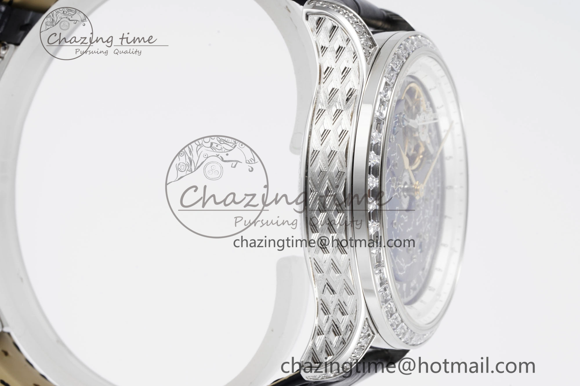 Colorful Master Grande Tradition SS Blue Revolves Dial Diamonds Bezel on Black Leather Strap 7423