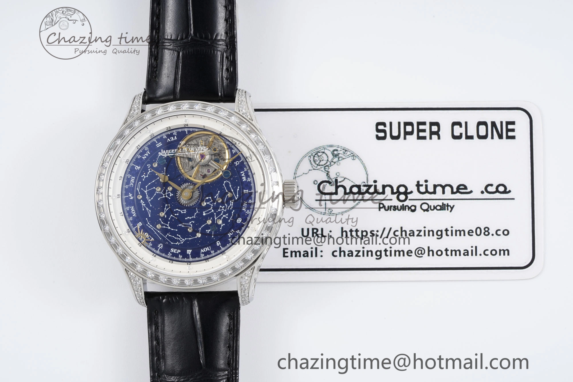 Colorful Master Grande Tradition SS Blue Revolves Dial Diamonds Bezel on Black Leather Strap 7423