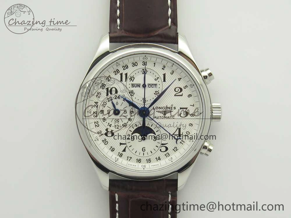 Master Moonphase Chronograph SS GSF 1:1 Best Edition White Dial on Brown Leather Strap A RelaxedFit 7583