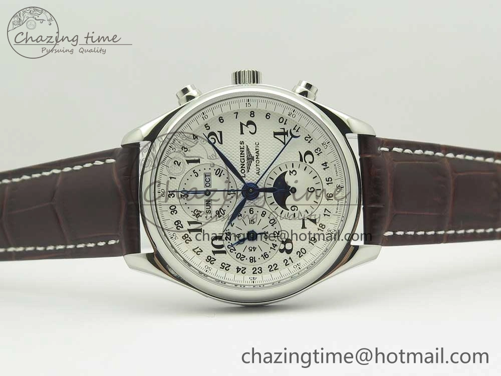 Master Moonphase Chronograph SS GSF 1:1 Best Edition White Dial on Brown Leather Strap A RelaxedFit 7583