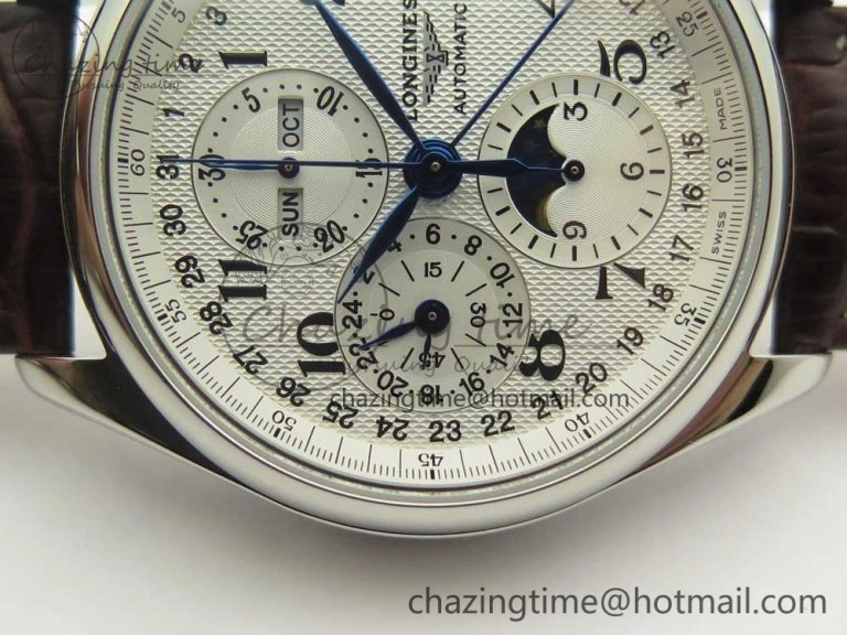 Master Moonphase Chronograph SS GSF 1:1 Best Edition White Dial on Brown Leather Strap A RelaxedFit 7583
