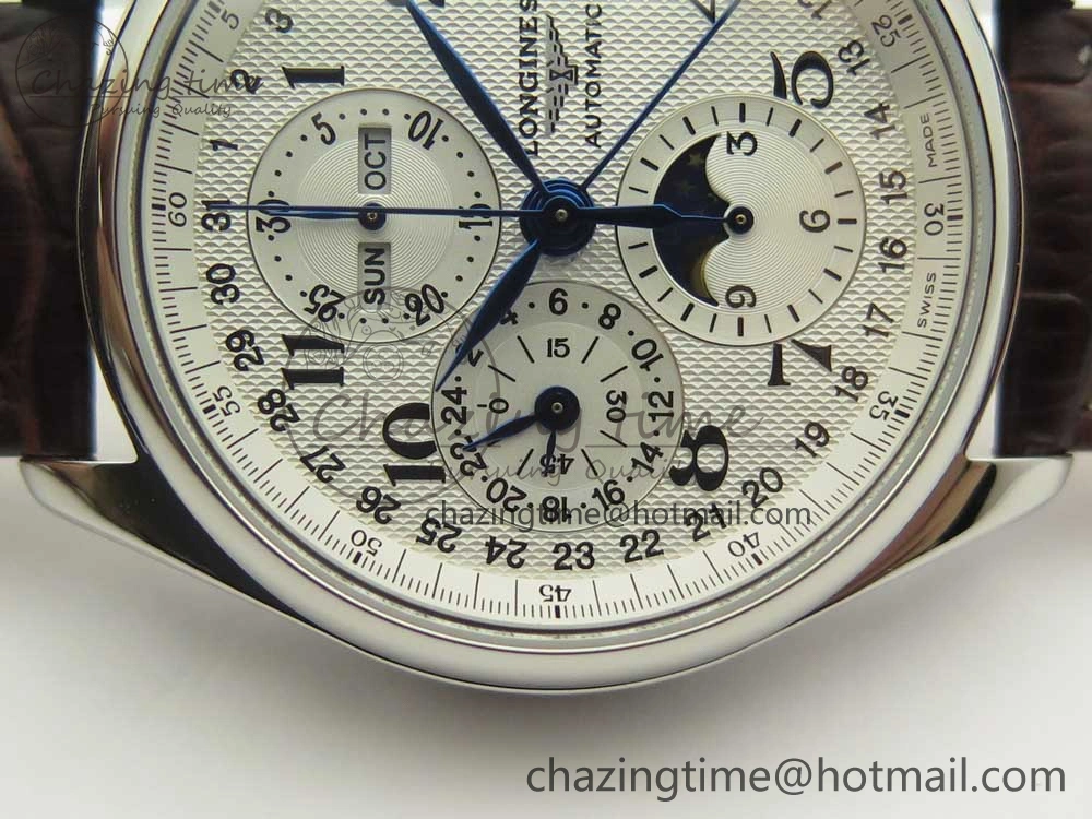 Master Moonphase Chronograph SS GSF 1:1 Best Edition White Dial on Brown Leather Strap A RelaxedFit 7583