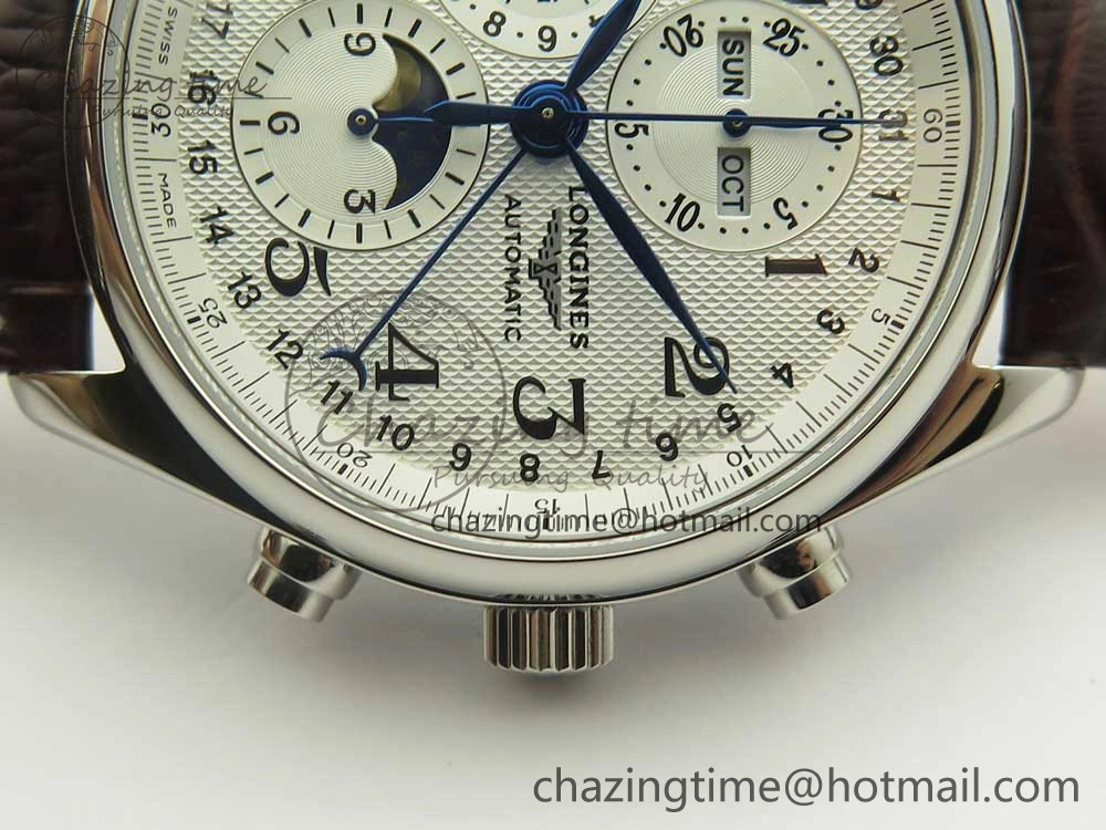 Master Moonphase Chronograph SS GSF 1:1 Best Edition White Dial on Brown Leather Strap A RelaxedFit 7583