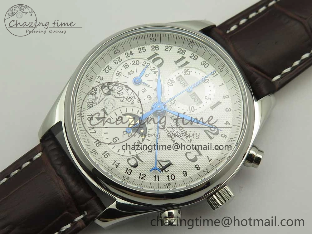 Master Moonphase Chronograph SS GSF 1:1 Best Edition White Dial on Brown Leather Strap A RelaxedFit 7583