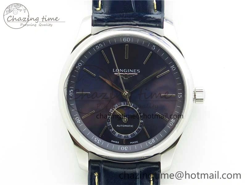 Breathable Master Moonphase L2.909.4.78.3 SS GSF 1:1 Best Edtion Blue Dial Sticks Markers On Blue Leather Strap A899 V 7573