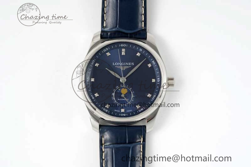 OdorResistant Master Moonphase SS APSF 1:1 Best Edition Blue Diamonds Dial on Blue Leather Strap AL 7558