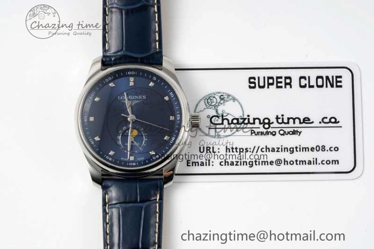 OdorResistant Master Moonphase SS APSF 1:1 Best Edition Blue Diamonds Dial on Blue Leather Strap AL 7558