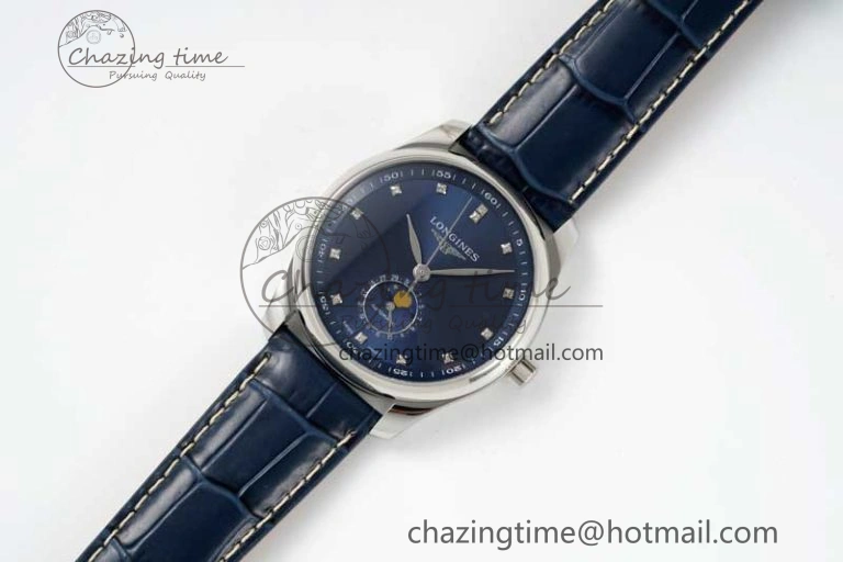 OdorResistant Master Moonphase SS APSF 1:1 Best Edition Blue Diamonds Dial on Blue Leather Strap AL 7558