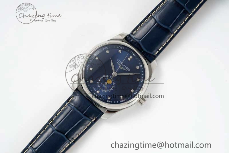 OdorResistant Master Moonphase SS APSF 1:1 Best Edition Blue Diamonds Dial on Blue Leather Strap AL 7558