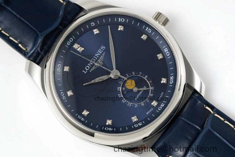OdorResistant Master Moonphase SS APSF 1:1 Best Edition Blue Diamonds Dial on Blue Leather Strap AL 7558