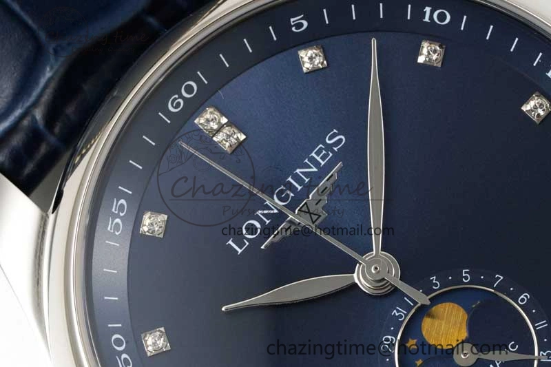 OdorResistant Master Moonphase SS APSF 1:1 Best Edition Blue Diamonds Dial on Blue Leather Strap AL 7558
