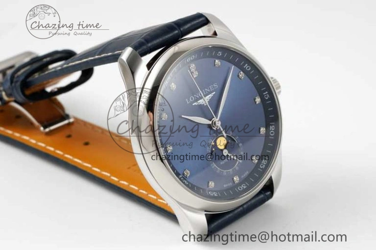 OdorResistant Master Moonphase SS APSF 1:1 Best Edition Blue Diamonds Dial on Blue Leather Strap AL 7558