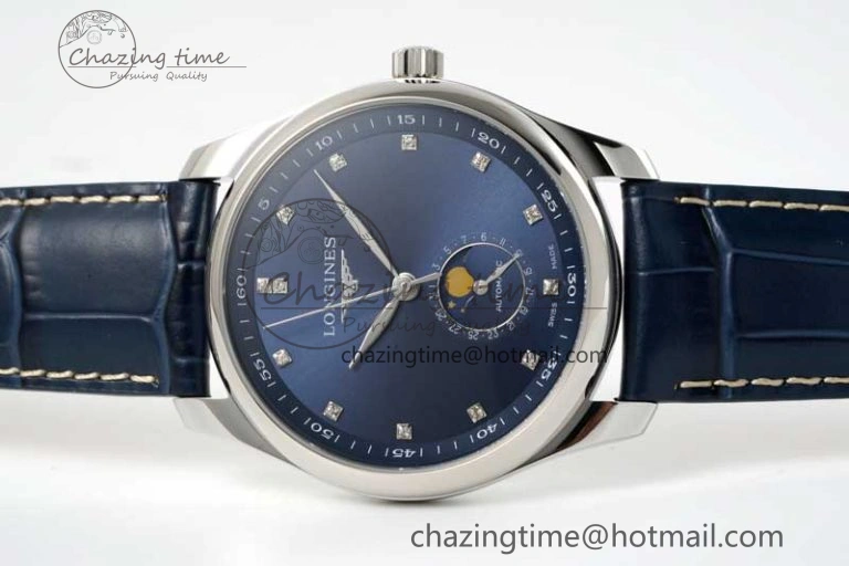 OdorResistant Master Moonphase SS APSF 1:1 Best Edition Blue Diamonds Dial on Blue Leather Strap AL 7558