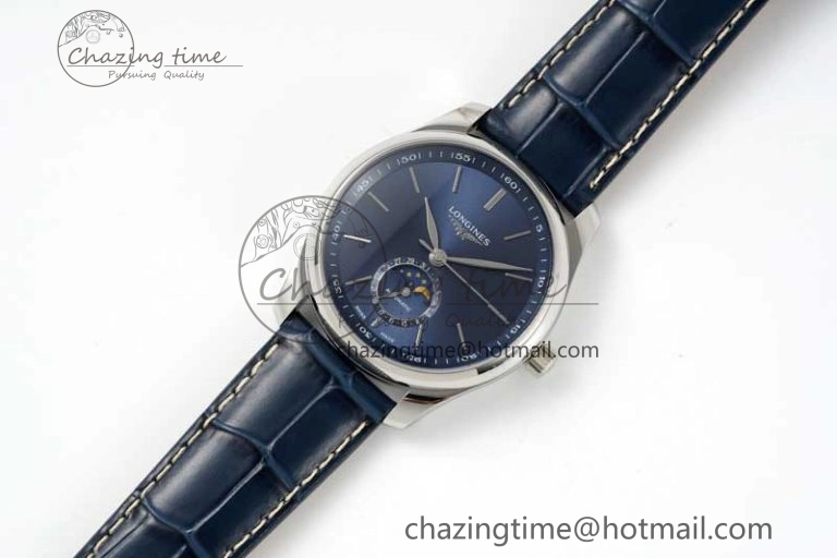 Master Moonphase SS APSF 1:1 Best Edition Blue Stick Dial on Blue Leather Strap AL Comfortable 7557