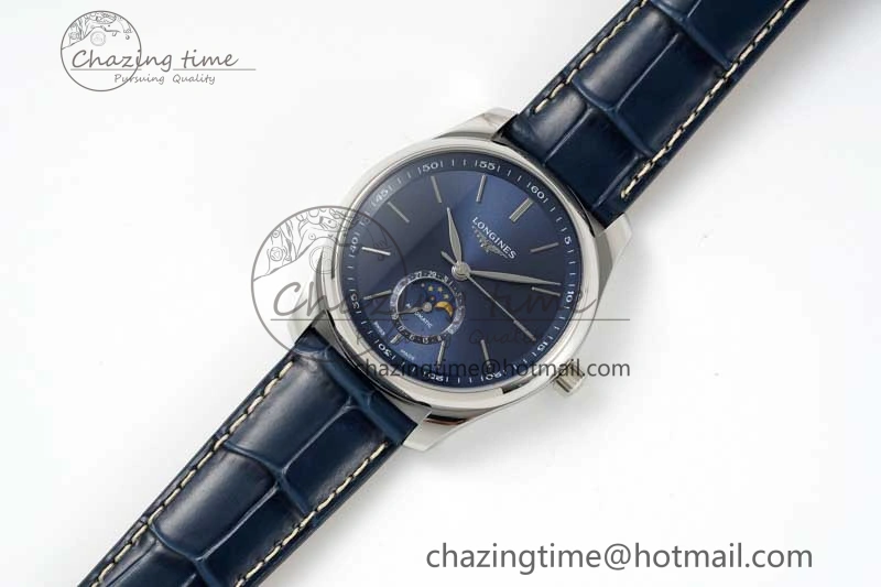 Master Moonphase SS APSF 1:1 Best Edition Blue Stick Dial on Blue Leather Strap AL Comfortable 7557