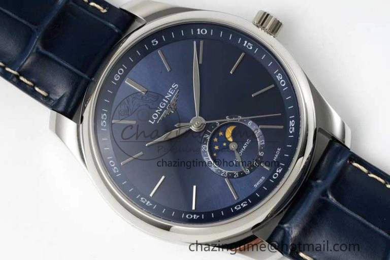 Master Moonphase SS APSF 1:1 Best Edition Blue Stick Dial on Blue Leather Strap AL Comfortable 7557