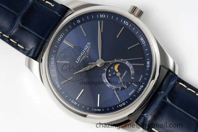 Master Moonphase SS APSF 1:1 Best Edition Blue Stick Dial on Blue Leather Strap AL Comfortable 7557