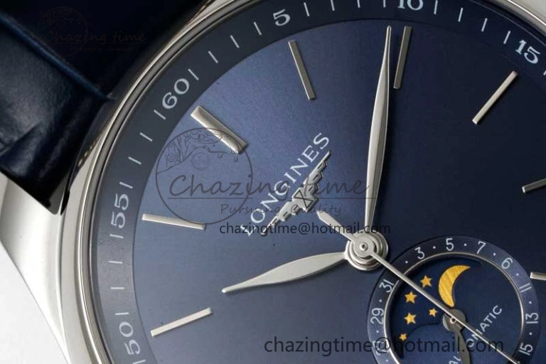 Master Moonphase SS APSF 1:1 Best Edition Blue Stick Dial on Blue Leather Strap AL Comfortable 7557