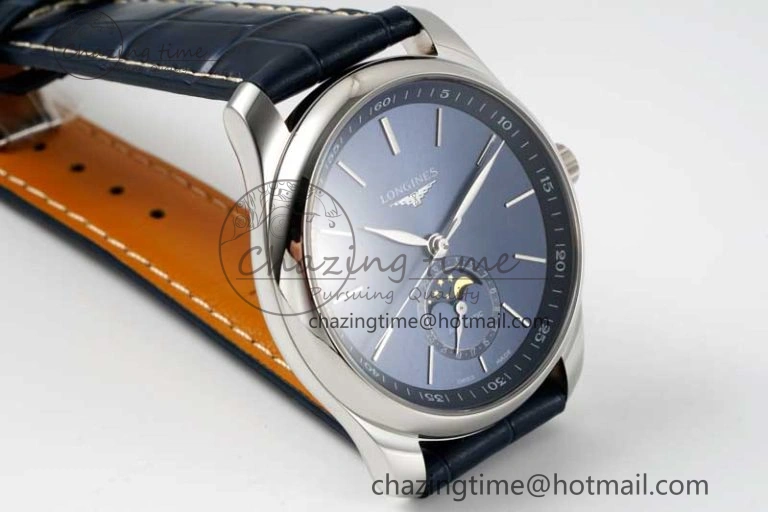 Master Moonphase SS APSF 1:1 Best Edition Blue Stick Dial on Blue Leather Strap AL Comfortable 7557