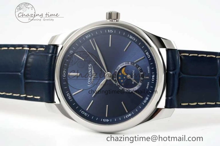 Master Moonphase SS APSF 1:1 Best Edition Blue Stick Dial on Blue Leather Strap AL Comfortable 7557