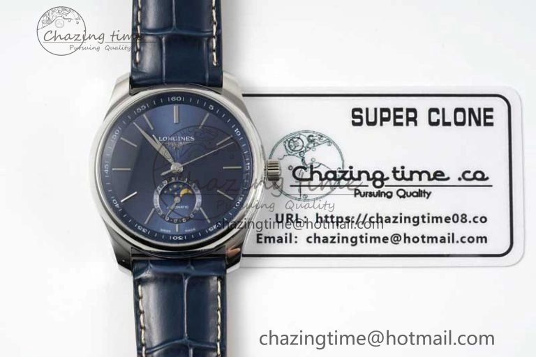 Master Moonphase SS APSF 1:1 Best Edition Blue Stick Dial on Blue Leather Strap AL Comfortable 7557