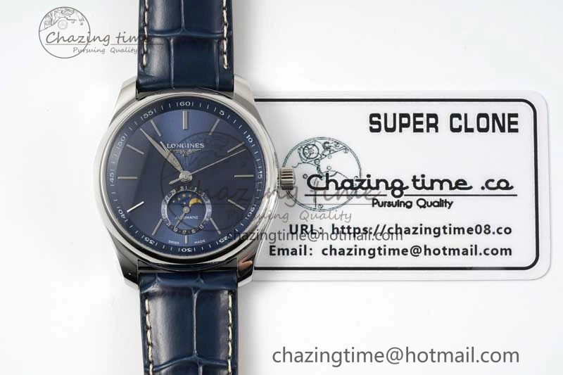 Master Moonphase SS APSF 1:1 Best Edition Blue Stick Dial on Blue Leather Strap AL Comfortable 7557