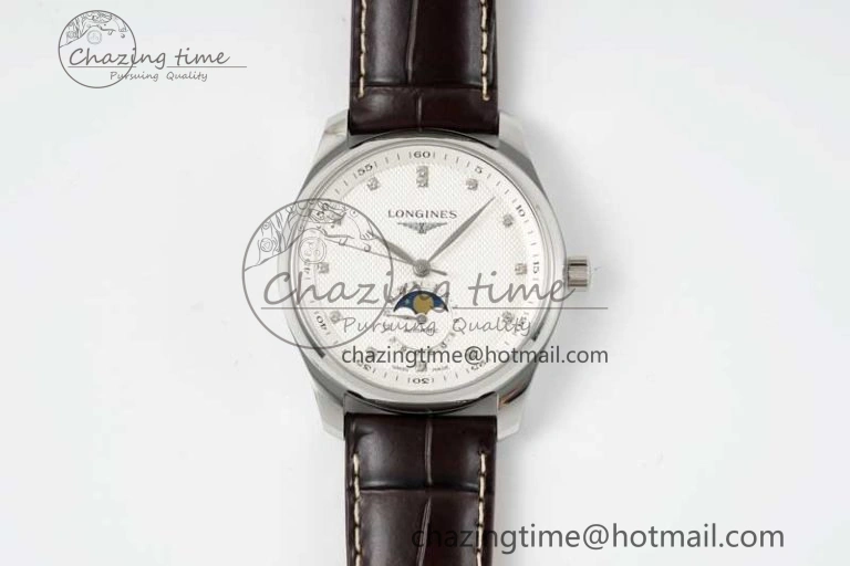 Master Moonphase SS APSF 1:1 Best Edition White Diamonds Dial on Brown Leather Strap AL Affordable 7561