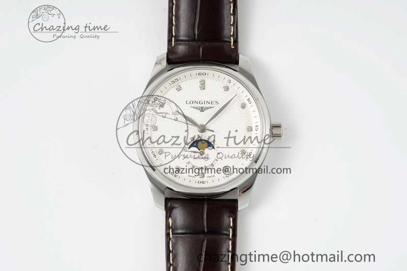 Master Moonphase SS APSF 1:1 Best Edition White Diamonds Dial on Brown Leather Strap AL Affordable 7561