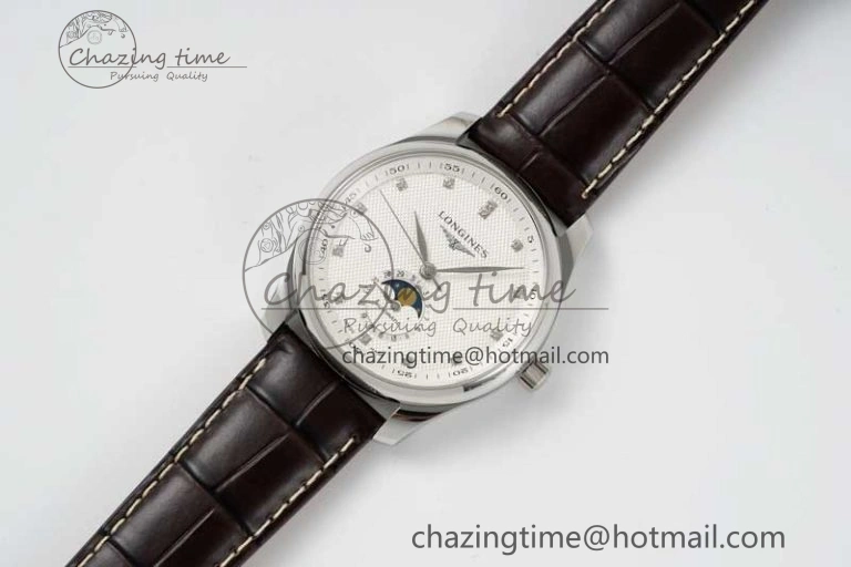 Master Moonphase SS APSF 1:1 Best Edition White Diamonds Dial on Brown Leather Strap AL Affordable 7561