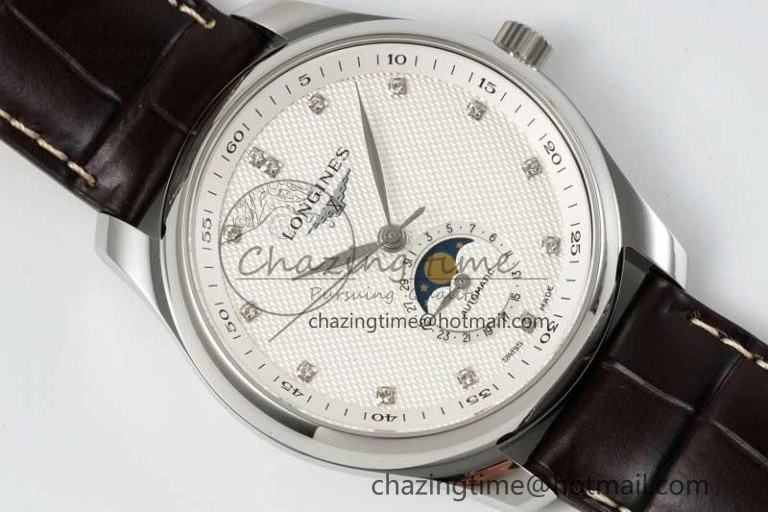 Master Moonphase SS APSF 1:1 Best Edition White Diamonds Dial on Brown Leather Strap AL Affordable 7561