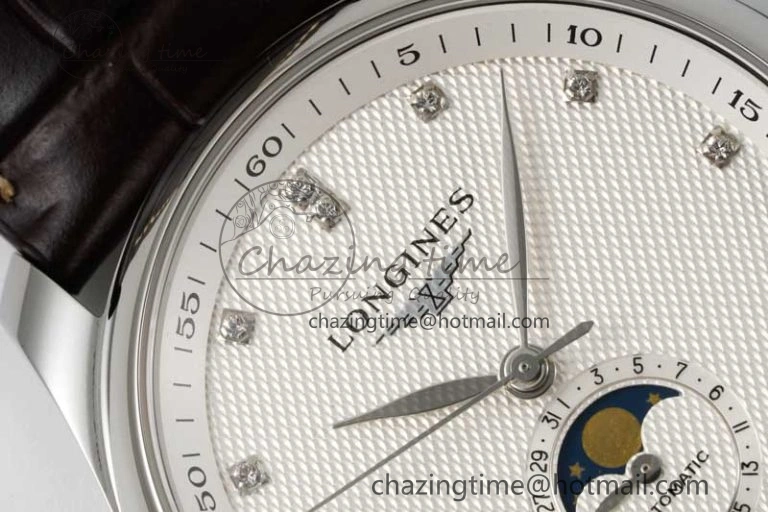 Master Moonphase SS APSF 1:1 Best Edition White Diamonds Dial on Brown Leather Strap AL Affordable 7561