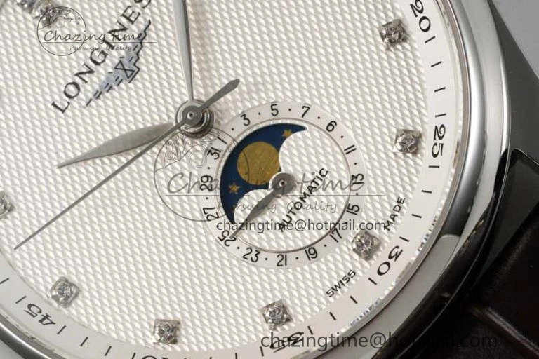 Master Moonphase SS APSF 1:1 Best Edition White Diamonds Dial on Brown Leather Strap AL Affordable 7561