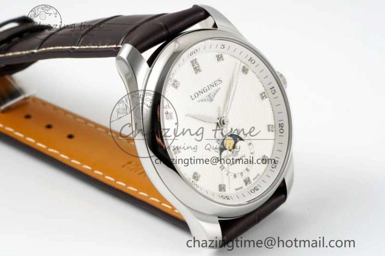 Master Moonphase SS APSF 1:1 Best Edition White Diamonds Dial on Brown Leather Strap AL Affordable 7561