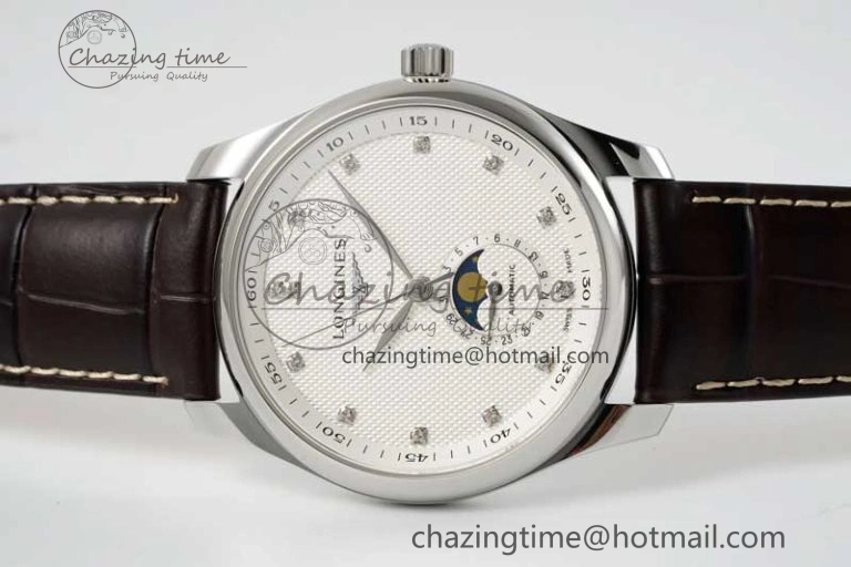 Master Moonphase SS APSF 1:1 Best Edition White Diamonds Dial on Brown Leather Strap AL Affordable 7561