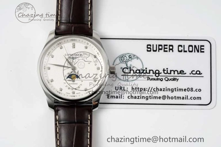 Master Moonphase SS APSF 1:1 Best Edition White Diamonds Dial on Brown Leather Strap AL Affordable 7561