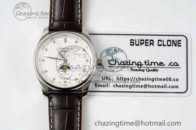 Master Moonphase SS APSF 1:1 Best Edition White Diamonds Dial on Brown Leather Strap AL Affordable 7561