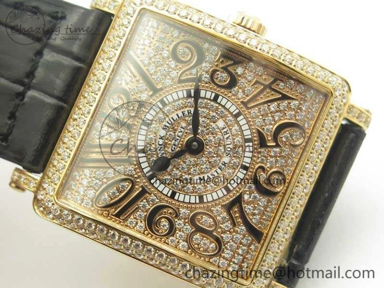 Upgraded Master Square RG Ladies GF 1:1 Best Edition Full Paved Diamonds On Black Leather Strap Swiss Quartz 6592
